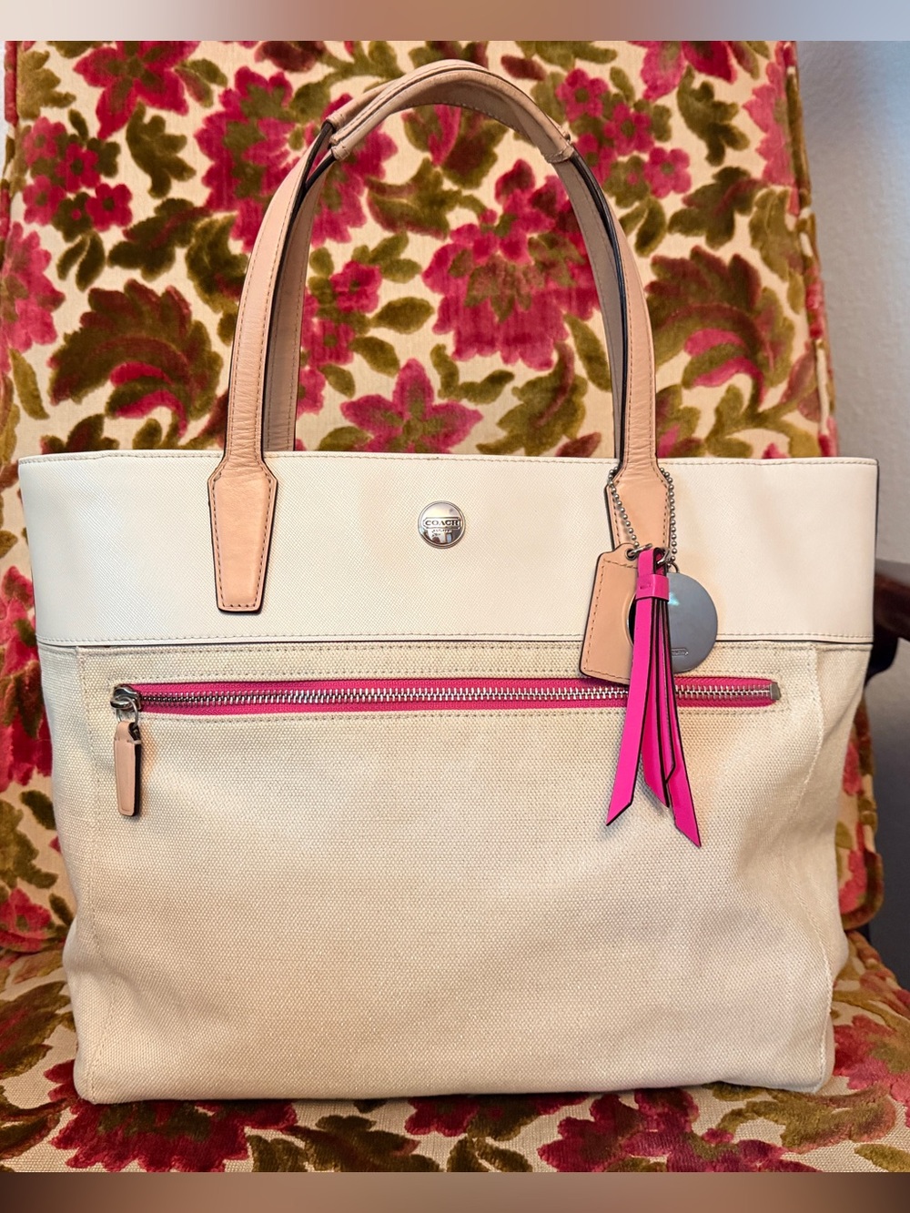 Coach Large Canvas & Leather Tote Bag - Khaki/White/Pink AUTHENTICATED